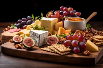 Elegant cheese platter with assorted fruits, nuts, and crackers.	Elegant cheese platter with assorted fruits, nuts, and crackers.