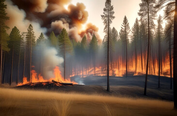 Fire in the forest, forest fires, fire, smoke, trees are burning. The concept of global warming and climate change on the planet.