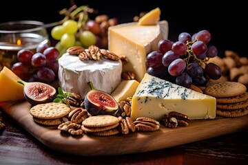 Elegant cheese platter with assorted fruits, nuts, and crackers.	Elegant cheese platter with assorted fruits, nuts, and crackers.