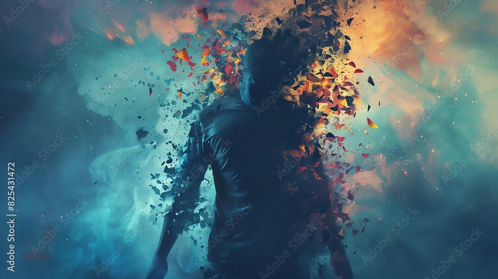 Poster abstract image of a person dissolving into colorful particles, creating a surreal and artistic effec