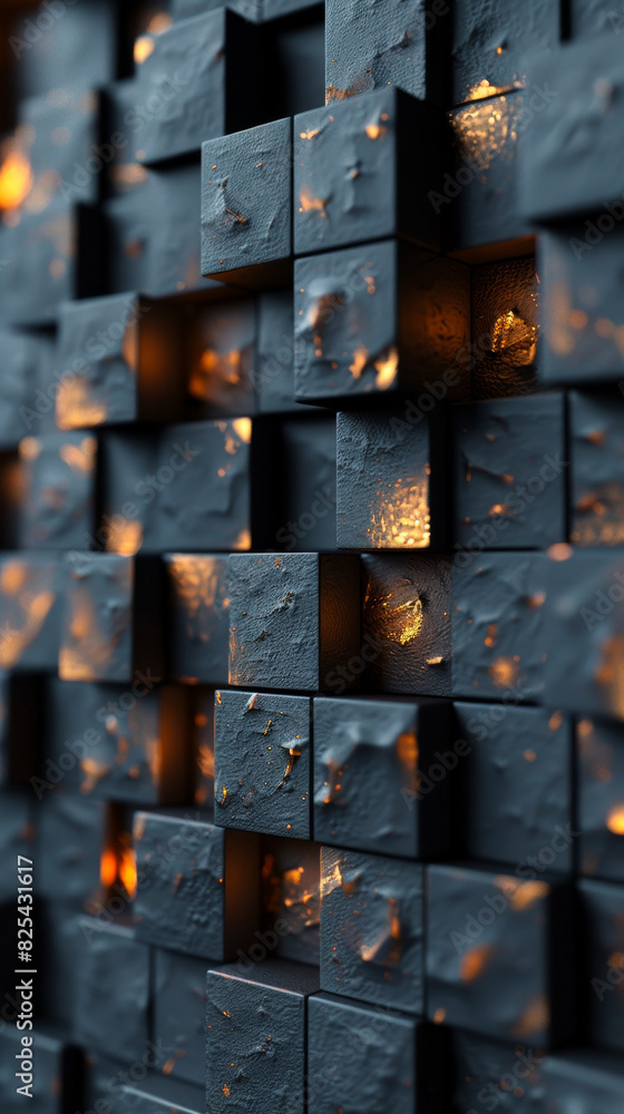 Poster abstract 3d rendering of black cubes with glowing orange highlights - modern geometric pattern backg