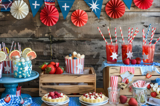 A festive red, white and blue themed party table setting with American flag decorations. Decorating a holiday food table. Independence or Memorial Day concept. American patriotic theme. 4th Of July.