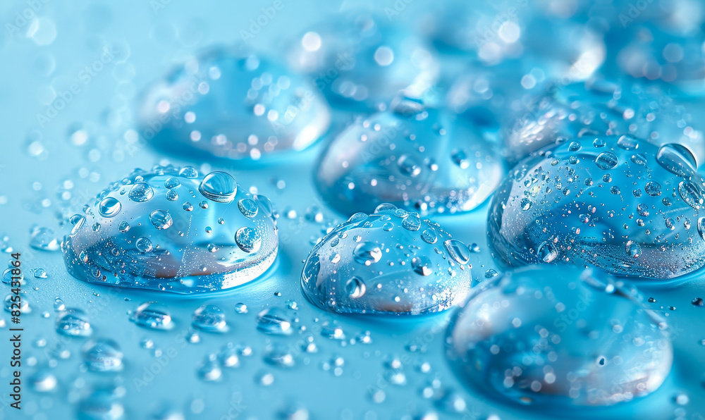 Poster top view closeup of multiple clear water drops on light blue background creating a refreshing and hy