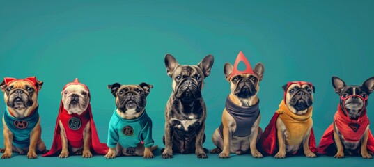 Superhero Dogs Advertising Banner with French Bulldogs in Costumes - Strength, Speed, Intelligence - Ample Copy Space for Marketing and Design