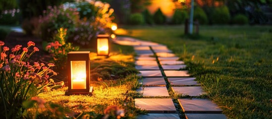 marble path of square tiles illuminated by a lantern glowing with a warm light in a backyard garden...
