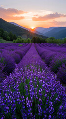 Fototapeta premium Serene Lavender Field at Sunset in Puimoisson, Provence, France - Vibrant Blooming Rows with Calm Summer Sky and Scenic Hills