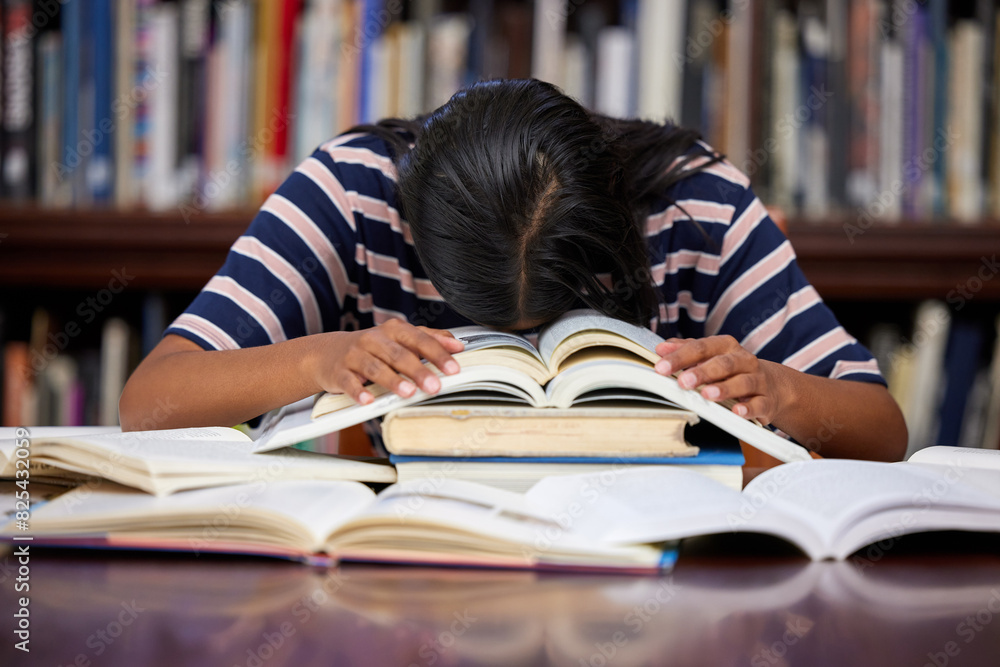 Poster student, sleeping and library with woman, burnout and course research burnout from project at school