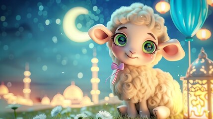 Naklejka premium sheep, greeting, islam, three-dimensional, eid, celebration, decoration, background, islamic, muslim, ramadan, sacrifice, illustration, animal, holiday, arabic, happy, design, children, festival, lant