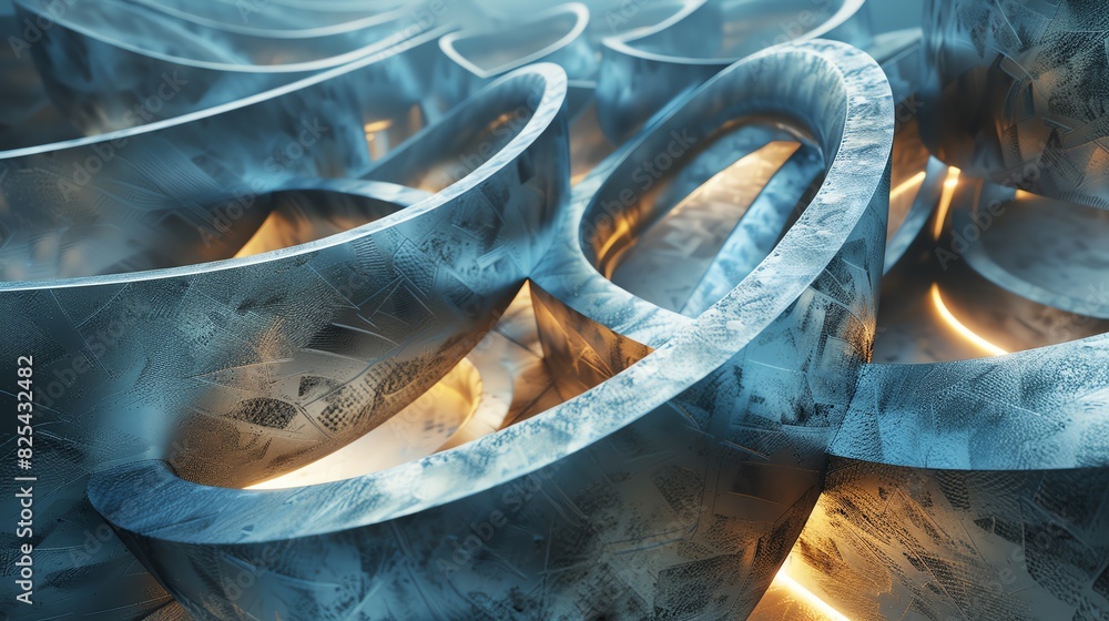 Poster abstract 3d rendering of metallic loops with glowing lights creating a futuristic and intricate desi