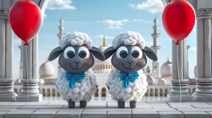 Obraz premium sheep, greeting, islam, three-dimensional, eid, celebration, decoration, background, islamic, muslim, ramadan, sacrifice, illustration, animal, holiday, arabic, happy, design, children, festival, lant