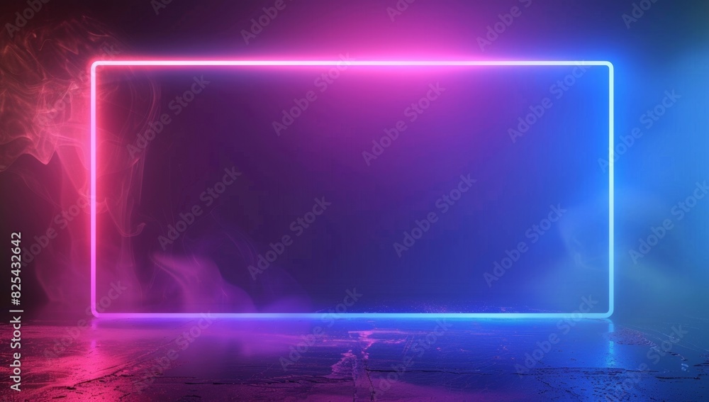 Poster abstract blue glowing light background with neon frame, empty space for text or design generative ai