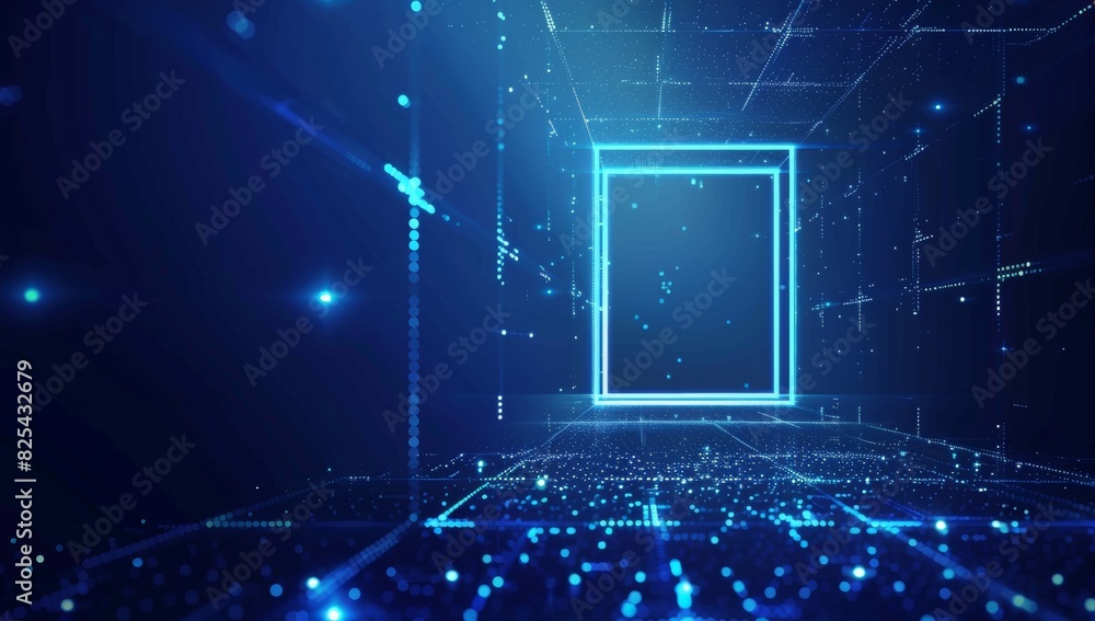 Poster abstract blue background with neon light square frame, copy space for text modern technology design 