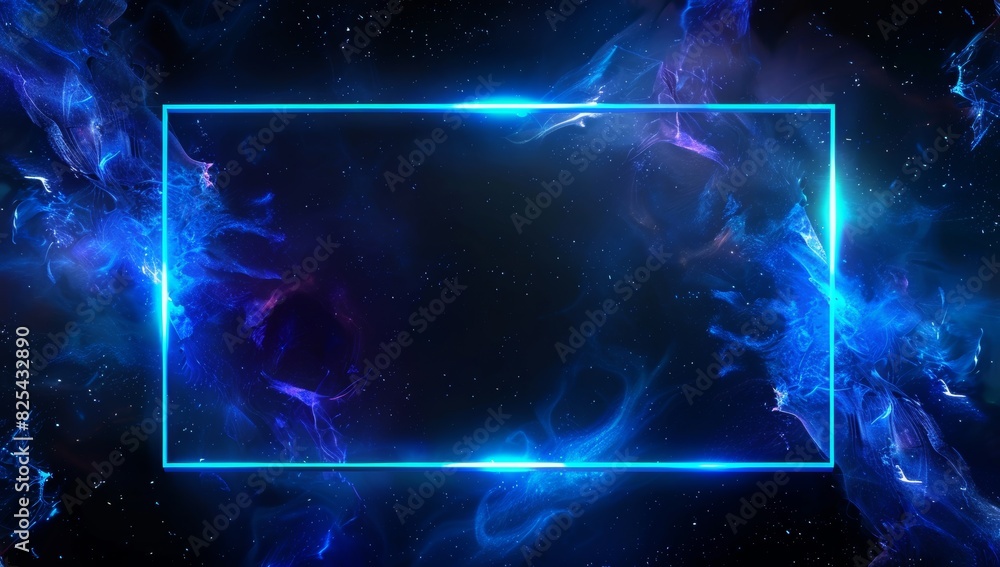 Poster abstract blue glowing light background with neon frame, empty space for text or design generative ai