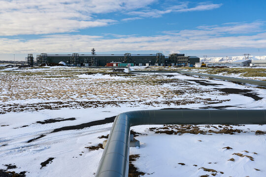 Carbon capture pipeline in winter snow, Hellisheidi, Iceland
