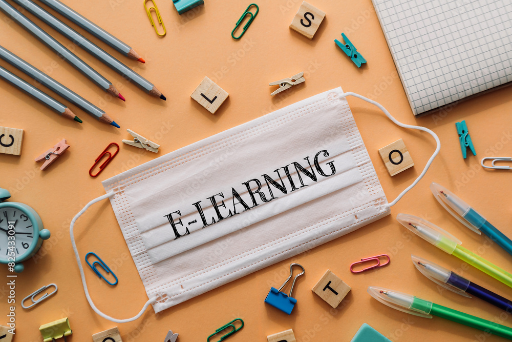 Aufkleber a white mask with the word learning written on it is placed on a table with vari