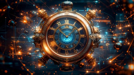 Futuristic steampunk clock with intricate gears and glowing elements, blending antique design with modern technology. Time and Time machine concept.