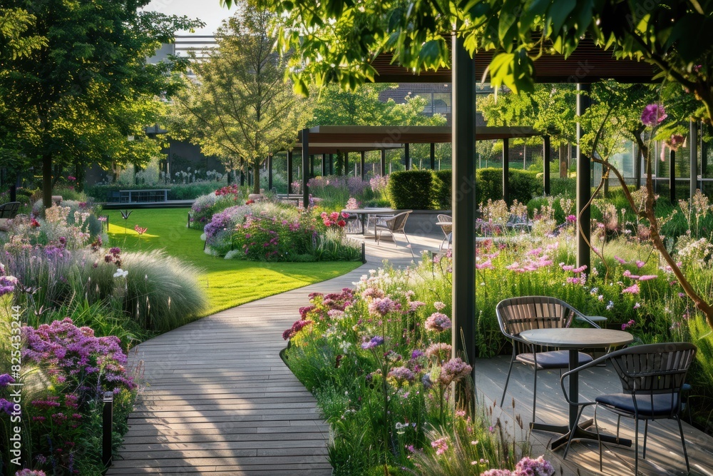 Poster a garden with a path and a table with chairs