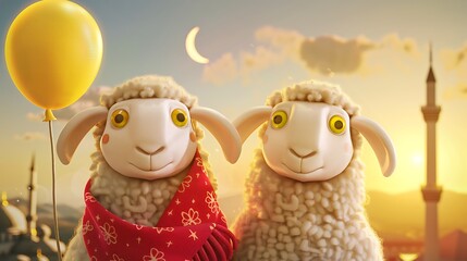 Obraz premium sheep, greeting, islam, three-dimensional, eid, celebration, decoration, background, islamic, muslim, ramadan, sacrifice, illustration, animal, holiday, arabic, happy, design, children, festival, lant