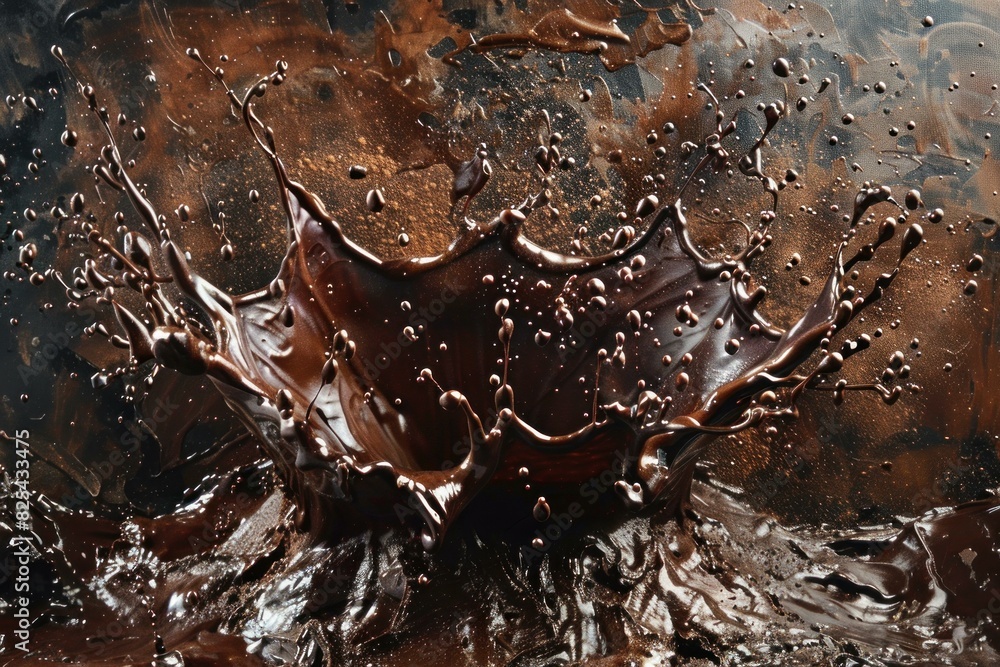 Poster highspeed capture of a rich chocolate liquid splashing dynamically against a dark backdrop