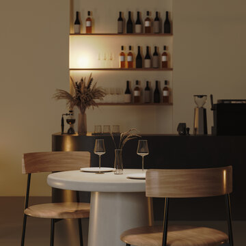 Dining table with wine glasses and plates in evening light, 3d render