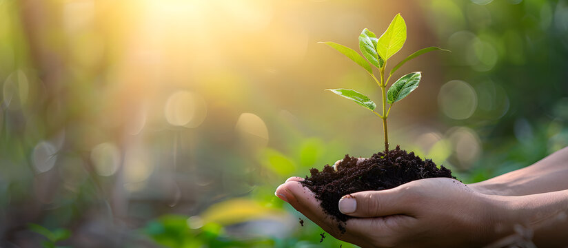 Conceptual photo of human hands holding soil with a green tree growing from it, representing growth, sustainability, and new beginnings.