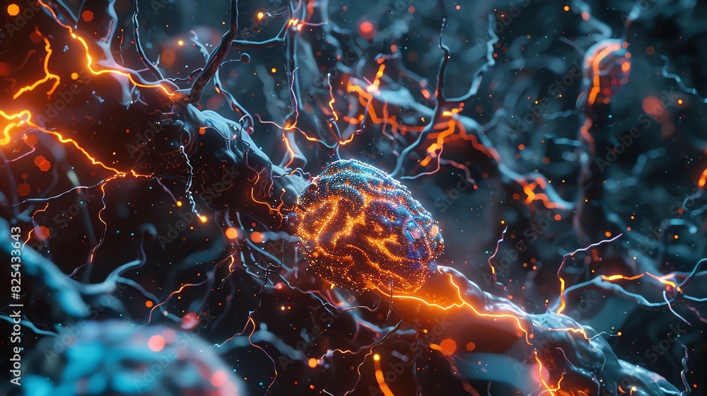 Poster abstract neural network illustration with glowing nodes and vibrant connections, representing brain 