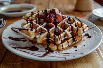 Sumptuous belgian waffle garnished with fresh strawberries, bananas, and drizzled with rich chocolate on a white plate
