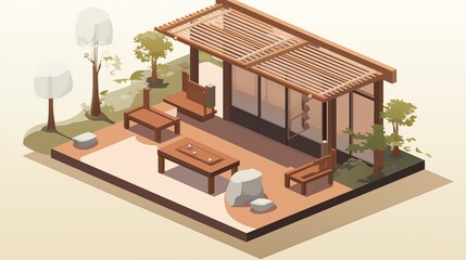 Isometric Vector of Modern Ryokan Art Gallery with Minimalist Benches A modern ryokan art gallery with minimalist wooden benches for visitors to sit and contemplate the art, surrounded by natural deco