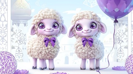 Obraz premium sheep, greeting, islam, three-dimensional, eid, celebration, decoration, background, islamic, muslim, ramadan, sacrifice, illustration, animal, holiday, arabic, happy, design, children, festival, lant