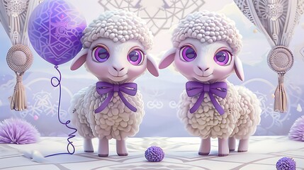 Obraz premium sheep, greeting, islam, three-dimensional, eid, celebration, decoration, background, islamic, muslim, ramadan, sacrifice, illustration, animal, holiday, arabic, happy, design, children, festival, lant