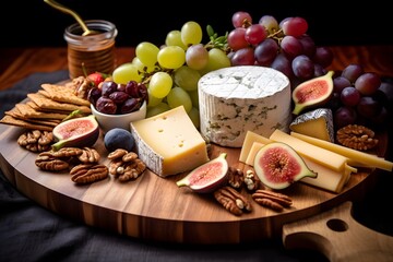 Elegant cheese platter with assorted fruits, nuts, and crackers.	Elegant cheese platter with assorted fruits, nuts, and crackers.