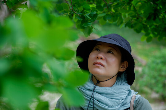 woman observing the leaves.