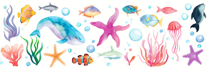 Vibrant watercolor illustrations of diverse marine life, fish and jellyfish
