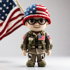 Crochet Amigurumi Art - Sturdy Soldier Doll Character in Military Uniform with American Flag Motifs.