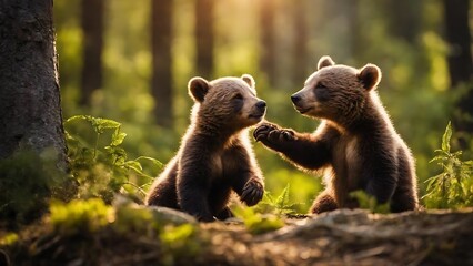 Playful Bear Cubs Interacting in Forest at Sunset