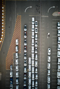 Electric vehicle imports - new EV cars on port waterfront, overhead