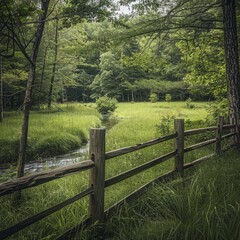 Wooden fence is located in the middle of green grass 