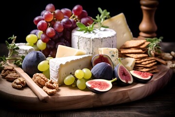 Elegant cheese platter with assorted fruits, nuts, and crackers.	Elegant cheese platter with assorted fruits, nuts, and crackers.