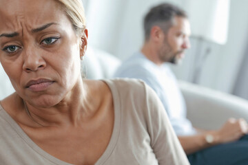 Portrait of African American woman being upset at husband. Afro woman is sitting on a couch with her head down and a man is sitting next to her, stress and depression, family problems