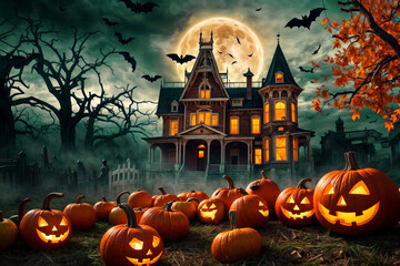 A Halloween scene with a large house and a full moon. The house is surrounded by pumpkins with their faces lit up