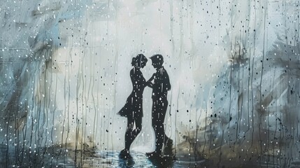 Fototapeta premium A minimalist painting of two figures dancing in the rain