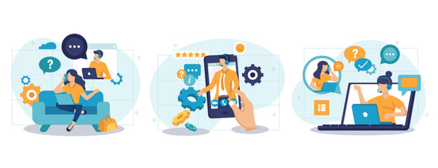 Customer service isolated set in flat design. Collection of scenes. People advice and support, operator call center. Vector illustration for blogging, website, mobile app, promotional materials.