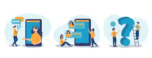 Fototapeta premium Customer support illustration set. Characters asking a questions, receiving answers from helpdesk operator, sharing user experience and giving customer feedback. Vector illustration.