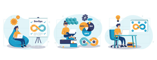 Fototapeta premium DevOps concept isolated person situations. Collection of scenes with programmers working on software development, operations process, technical support. Vector illustration in flat design