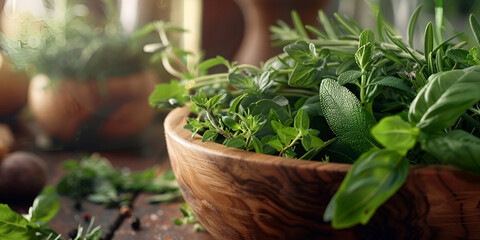 Fresh herbs Melissa rosemary and mint in rustic set

