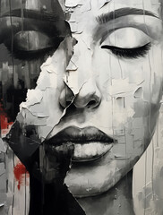 Black and White Abstract portrait with visible paint texture and brush strokes, painting painted on canvas, Red accents