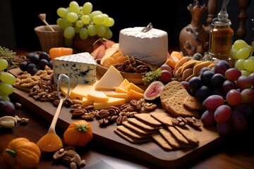 Fototapeta premium Elegant cheese platter with assorted fruits, nuts, and crackers. Elegant cheese platter with assorted fruits, nuts, and crackers.