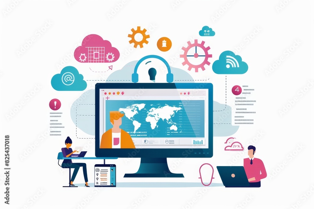 Poster futuristic digital workspace illustration with a lock icon on a computer screen, representing advanc