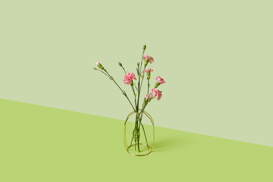Pink chrysanthemums standing in transparent vase made of metallic rods