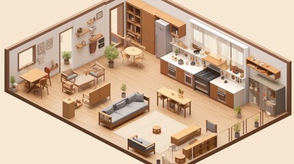 Isometric Vector of Muji House Open-Plan Living Room and Kitchen A Muji house featuring an open-plan living room and kitchen, with minimalist furniture, natural wood accents, and a seamless flow betwe
